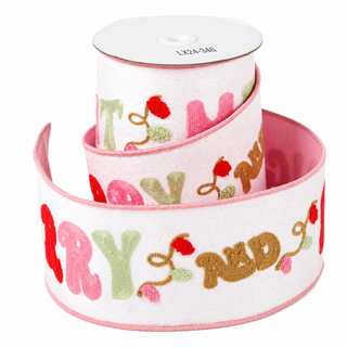 4" X 5 YDS WHT & PK EMB MERRY & BRIGHT DUP BACK RIBBON
