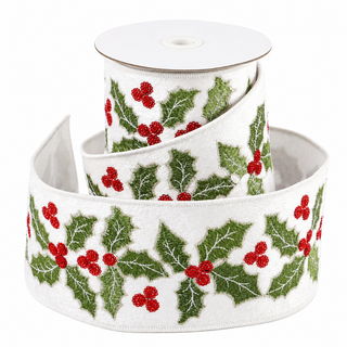 4" X 5 YDS WHITE VEL GREEN EMB HOLLY DUP BACK RIBBON