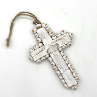 Whitewash Beaded Cross Ornament