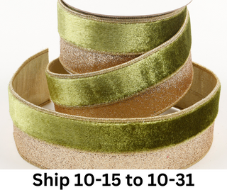 2.5" X 5 YDS SAGE GREEN VELVET/GOLD GLITTER DUPION BACKED RIBBON