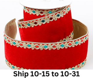 4" X 5 YDS RED VELVET WITH RED/GREEN JEWELED AND GOLD EMBROIDERED EDGING DUPION BACKED RIBBON