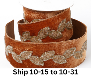 4" X 5 YDS BROWN VELVET WITH BEADED LEAF DUPION BACKED RIBBON