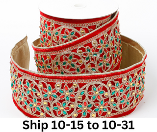 4" X 5 YDS RED VELVET WITH RED/GREEN BEADING AND GOLD EMBROIDERY DUPION BACKED RIBBON