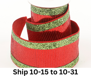 4" X 5 YDS Red Sequin with Green Edging Dupion Backed Ribbon