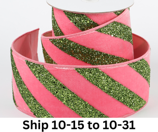 4" X 5 YDS PINK VELVET WITH GREEN GLITTER DUPION BACKED RIBBON