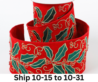 4"X5 YDS RED VELVET WITH GREEN HOLLY DUPION BACKED RIBBON