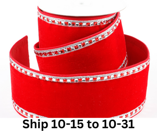 4" X 5 YDS RED VELVET JEWELED EDGING DUPION BACKED RIBBON