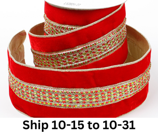 4" X 5 YDS RED VELVET BEADED GOLD DUPION BACKED RIBBON