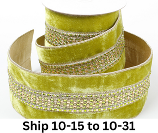 4" X 5 YDS LIME GREEN VELVET BEADED GOLD DUPION BACKED RIBBON