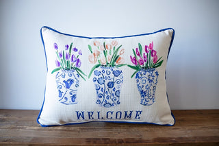 Tulip Vases Welcome Pillow - Piping BLUEJAY