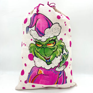 SANTA SACK PINK WITH GREEN MONSTER IN JUTE 19" x 28"