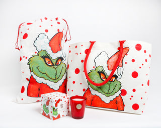 SANTA SACK RED WITH GREEN MONSTER IN JUTE 19" x 28"