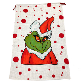 SANTA SACK RED WITH GREEN MONSTER IN JUTE 19" x 28"