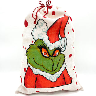 SANTA SACK RED WITH GREEN MONSTER IN JUTE 19" x 28"