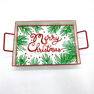 Red, Green and White Merry Christmas Tray with Handles 10.5" x 18"