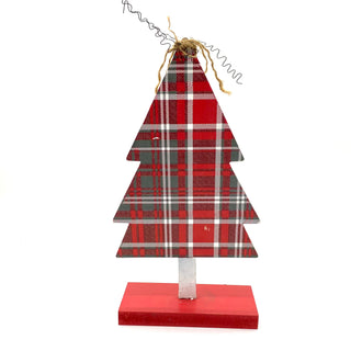 Wooden Plaid Red and White Tree Table Topper 18" x 9"