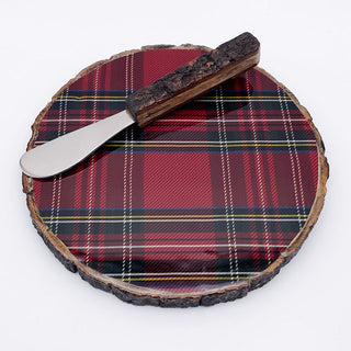 Round Red Plaid Cheeseboard With Spreader