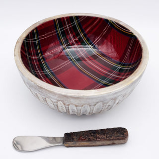 Red Plaid Enamel /Wood Serving Bowl With Knife