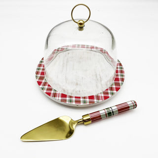 Red Plaid Enamel With White Wash Wood Cake Dome And Server