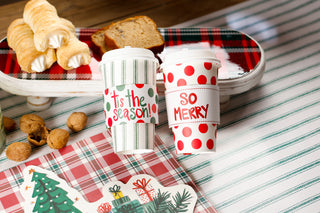 Set Of 8 Cups - Green Ticking With Red,Green Polka Dot Tis The Season Sleeve Hot/Cold Cups With Lids