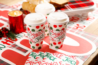 Set Of 8 Cups - Red/Green Polka Dot With Jingle Juice Sleeve Hot/Cold Cup With Lid
