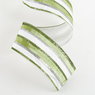 Green White Metallic Stripe Ribbon 4" X 10 Yards