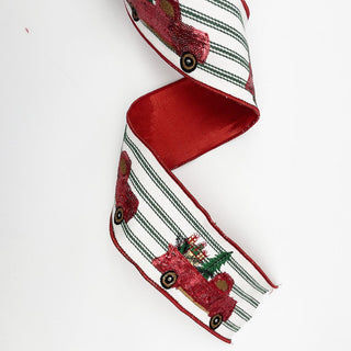 Red Truck on Green Ticking Ribbon, Fused Back 4" X 10 Yards
