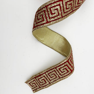 Red with Gold Geometric Design Ribbon, Fused Back 2.5" X 5 Yards