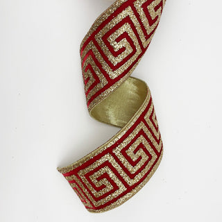 Red with Gold Geometric Design Ribbon, Fused Back 4" X 5 Yards