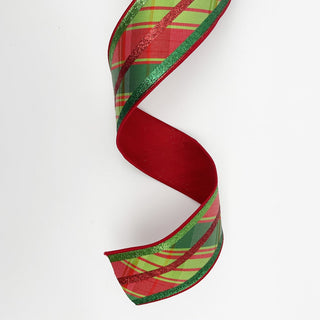 Red and Green Diagonal Plaid Ribbon, Fused Back 2.5" X 5 Yards