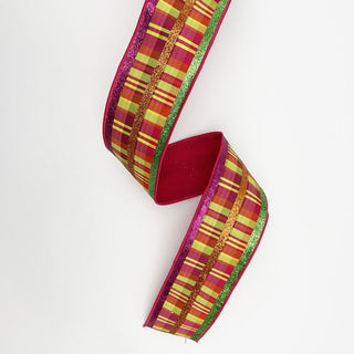 Yellow and Pink Plaid Ribbon with Glitter Stripes, Fused Back 2.5" X 5 Yards