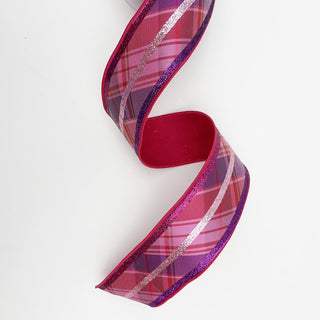 Pink Plaid Ribbon with Glitter Stripes, Fused Back 2.5" X 5 Yards
