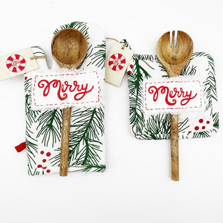 1 Set Of 2 Designs - Pine Bough Mit & Pot Holder With Wood Spoon