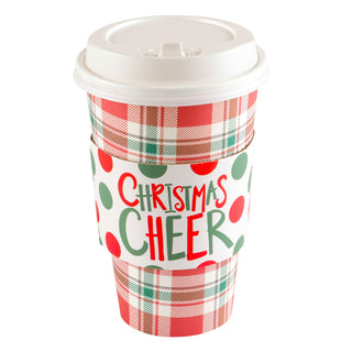 Set Of 8 Cups - Red/Green Plaid With Polka Dot Christmas Cheer Sleeve Hot/Cold Cup With Lid
