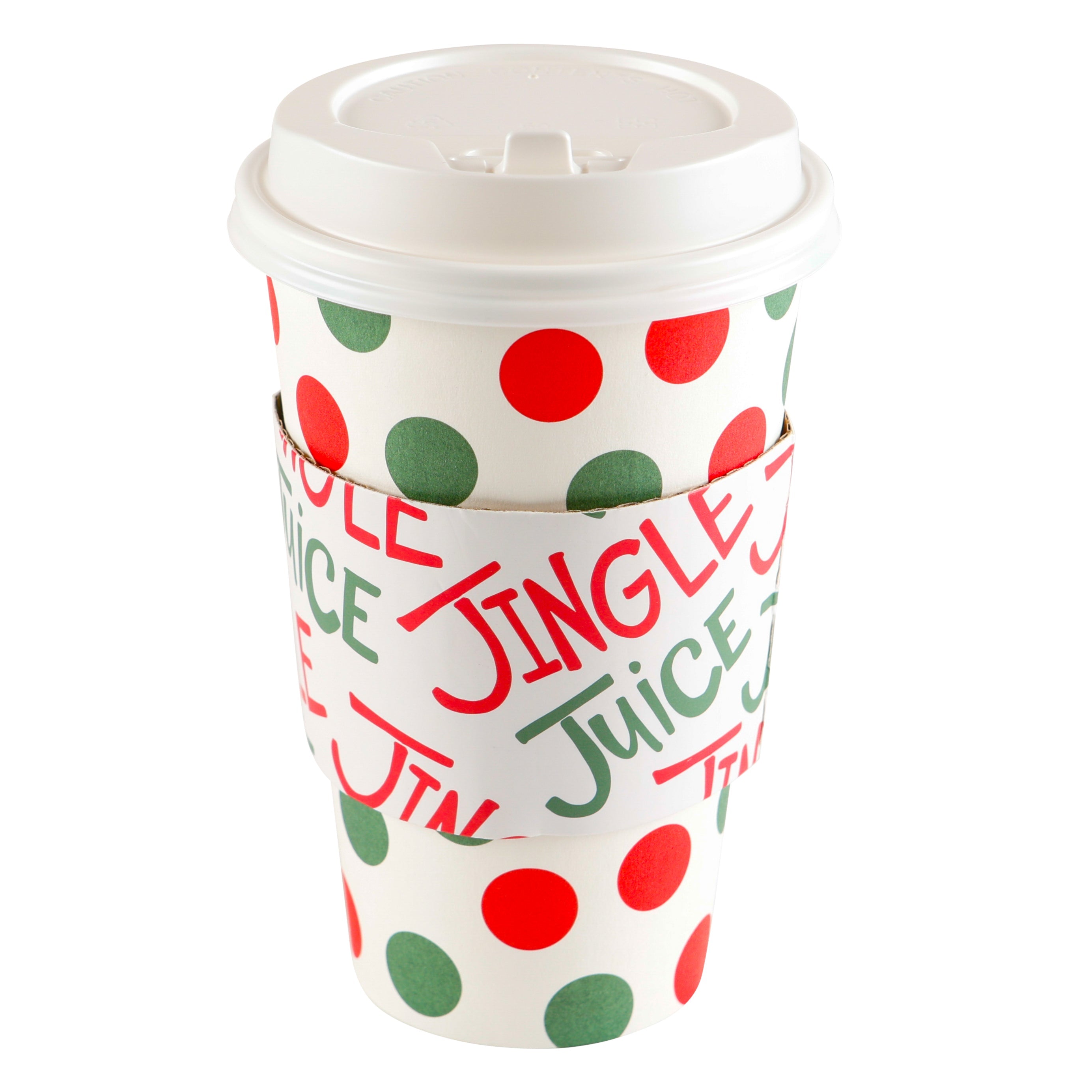 Set Of 8 Cups - Red/Green Polka Dot With Jingle Juice Sleeve Hot/Cold Cup  With Lid