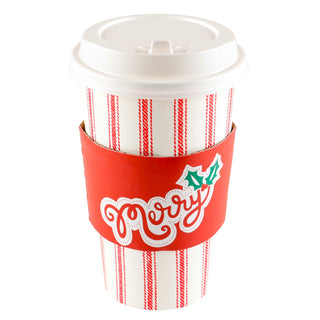 Set Of 8 Cups - Red Ticking With  Merry Sleeve Hot/Cold Cup With Lid