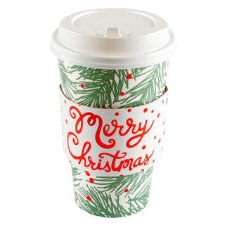 Set Of 8 Cups - Pine Bough With  Merry Christmas Sleeve Hot/Cold Cup With Lids