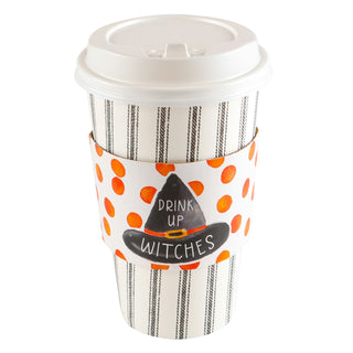 Set Of 8 Cups - Black Ticking With Orange Witch Hat Sleeve Hot/Cold Cups With Lids