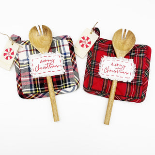 1 Set of 2 - Merry Christmas Plaids Pot Holders With Wooden Spoons