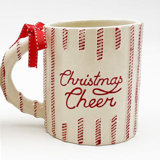 Set of 4 Christmas Cheer Red/White Ticking Mugs