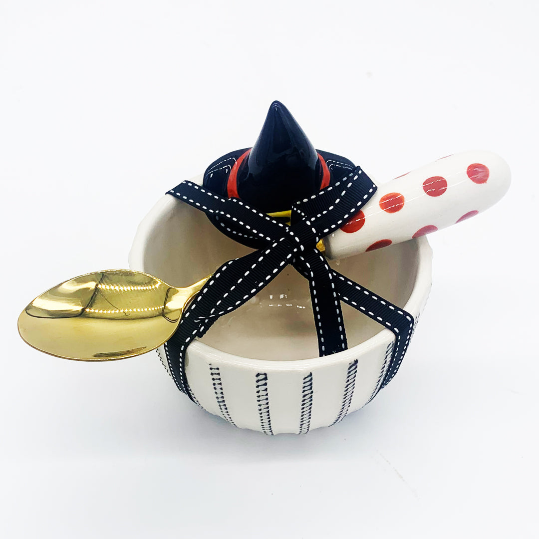 Black/White Ticking Witches Hat Halloween Bowl With Spoon