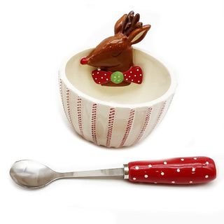 Red/White Ticking Reindeer Bowls with Spoon
