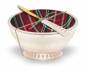 Red Plaid Small Wood Enamel Bowl With Spreader
