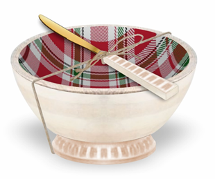 Red Plaid Small Wood Enamel Bowl With Spreader