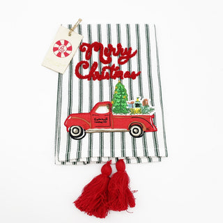 Red Truck Merry Christmas On Green Ticking Tea Towel